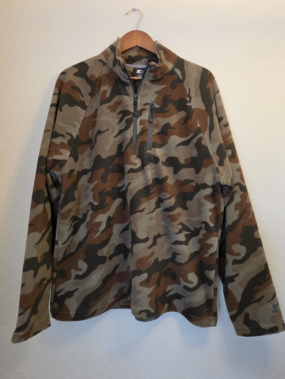 Starter Fleece Camo 1/4 Zip Mens Large Brown Tan 90s Outdoor Hiking Pullover